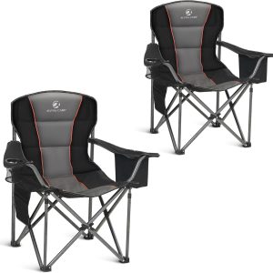 ALPHA CAMP Oversized Camping Folding Chair, Heavy Duty Support 450 LBS Steel Frame Collapsible Padded Arm Chair with Cup Holder Quad Lumbar Back, Portable for Outdoor